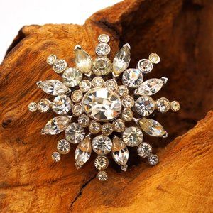Vintage Silver Coro Marquise and Round Cut Crystal Snowflake Sunburst Brooch